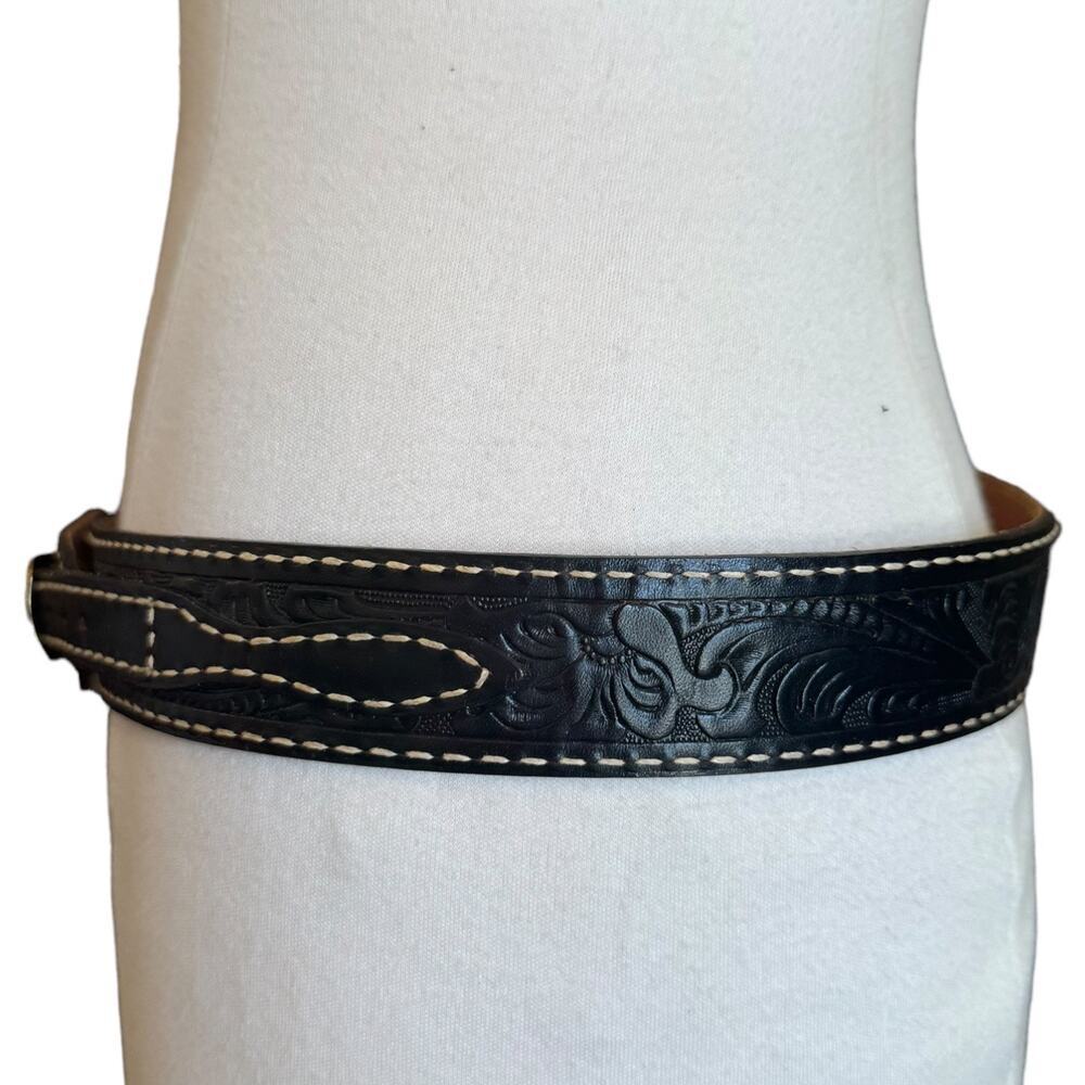 Vintage Tony Llama Black Tooled Leather Belt - Picture 4 of 9